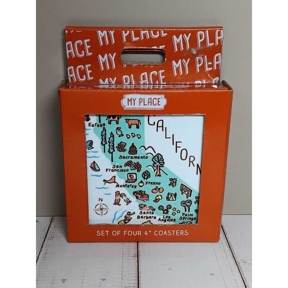 My Place California State Shape Cities  Coasters Set of 4 Earthenware